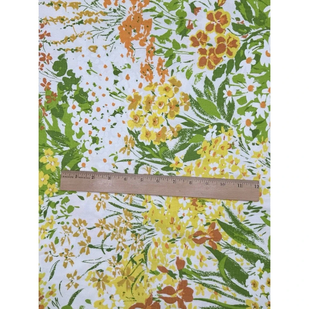 Vtg House N Home Fabric 45x67 Screen Print Floral Yellow Green MCM 70s Retro